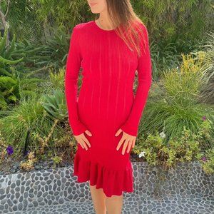 ALAIA Red & Nude Long Sleeve Laser Cut Knee-Length